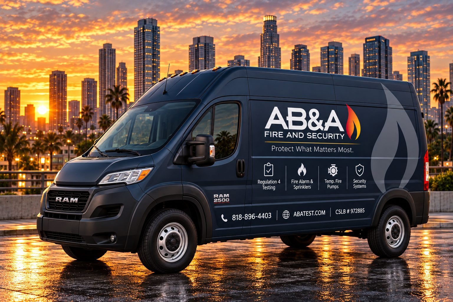 AB&A Fire and Security wrapped service van with the Los Angeles skyline